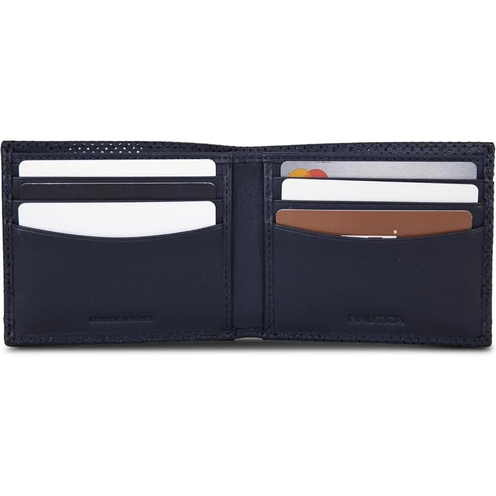 Men's Perforated-Navy Bifold Leather Wallet RFID Blocking ID Window Card Slots